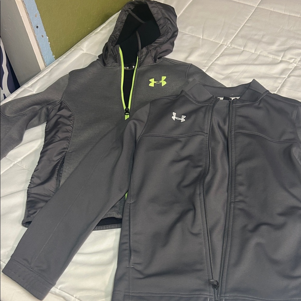 Under Armour Gray Hooded Pullover & Gray Zip Jacket with Neon Accent